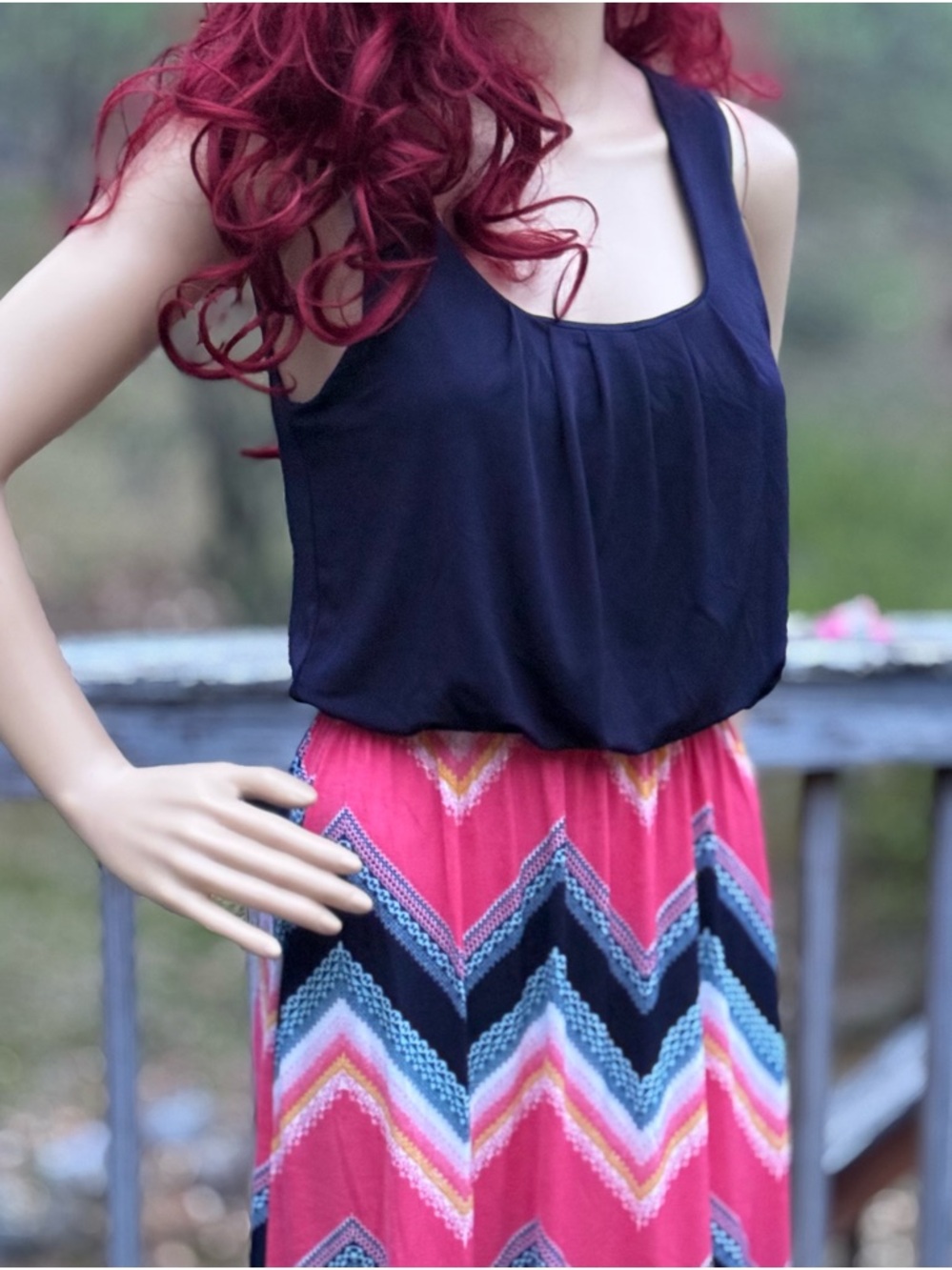 Trixxi Sleeveless Navy Top w/ Multi Color Chevron Print Skirt Maxi Dress Size S